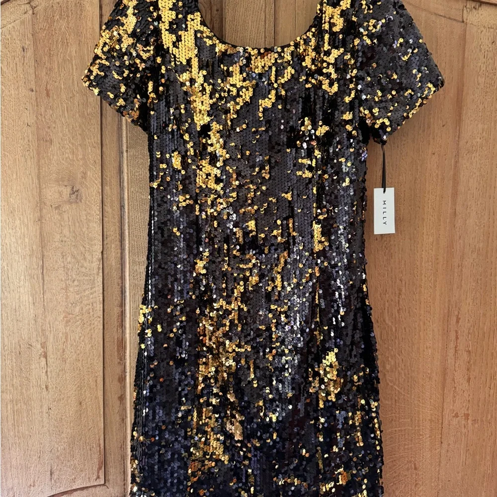 NWT Milly Sequin Black and Gold Dress - Picture 4 of 4